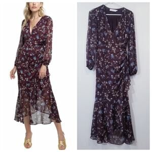 ASTR Floral V-Neck Maxi Dress Cinched Waist Ruched Long Sleeves Multicolor